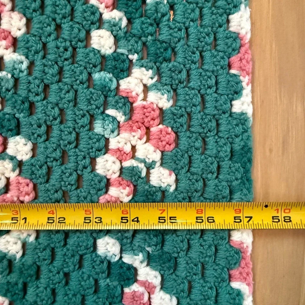 Handmade Teal Green Pink White Granny‎ Square Crochet Afghan Blanket Throw Cozy